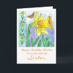 Daffodil Watercolor Flower Happy Birthday Sister Card<br><div class="desc">A pretty floral happy birthday card featuring a big bright yellow daffodil and butterfly drawn with black pen and ink with watercolor and a soft blue green background. Nice for your sister or you can customize the text to fit your needs. This design is from my colouring book called "Lila's...</div>