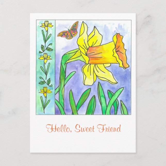 Daffodil Watercolor Flower Hello Sweet Friend Postcard (Front)