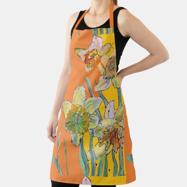 Daffodil Watercolor Flower Orange Floral Kitchen Apron (Insitu)