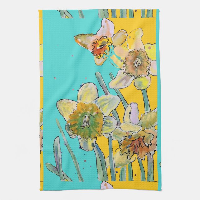 Daffodil Watercolor Flower Turquoise floral  Kitchen Towel (Vertical)
