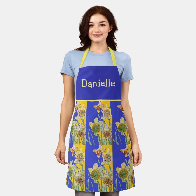 Daffodil Watercolor Yellow Flower Blue Floral Apron (Worn)