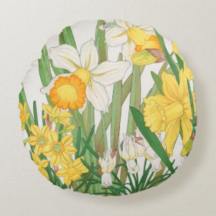Daffodil Woodblock Painting, Tanigami Kônan, 1917 Round Pillow