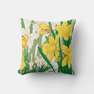 Daffodil Woodblock Painting Throw Pillow
