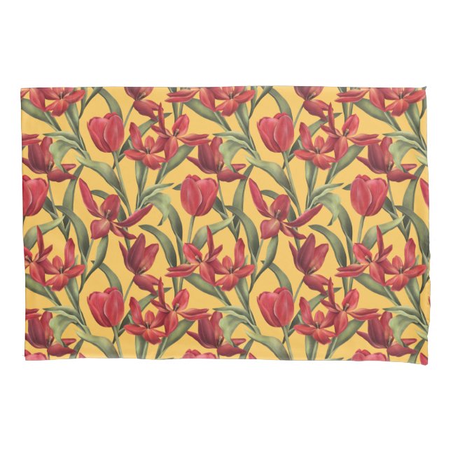 Daffodil Yellow background with Red Tulips Pillowcase (Front)