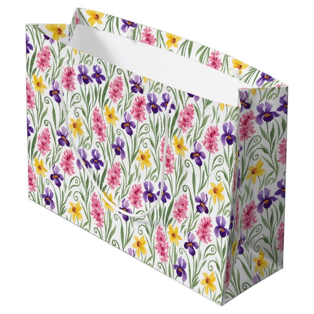 Daffodil Yellow, Iris Purple, Hyacinth Pink Floral Large Gift Bag (Back Angled)