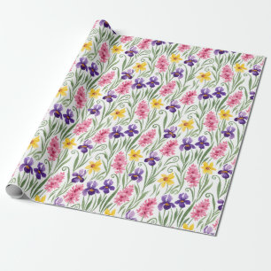 Daffodil Yellow, Iris Purple, Hyacinth Pink Floral Wrapping Paper