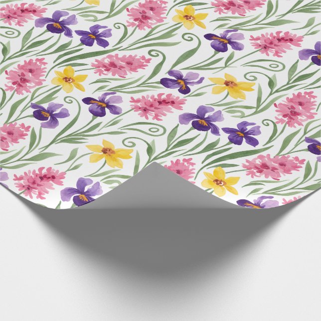 Daffodil Yellow, Iris Purple, Hyacinth Pink Floral Wrapping Paper (Corner)