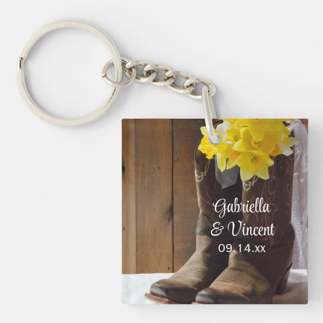 Daffodils and Cowboy Boots Country Western Wedding Keychain (Front)