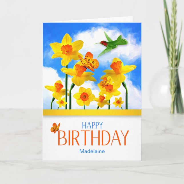 Daffodils and Hummingbird with Name Birthday Card (Front)