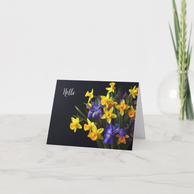 Daffodils and iris on a dark background thank you card (Front)