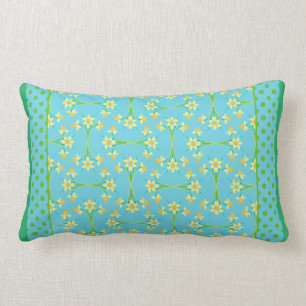 Daffodils and Polka Dots, Yellow, Green Sky Blue Lumbar Pillow