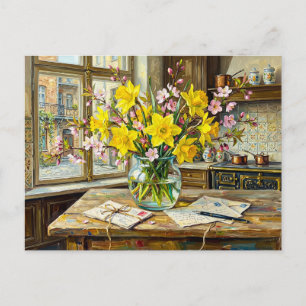 Daffodils Blossoms Window Interior Postcard