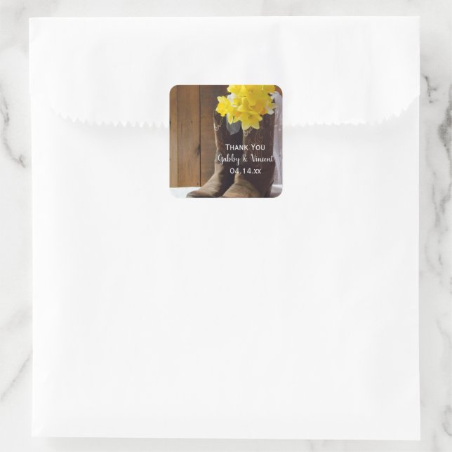 Daffodils Cowboy Boots Western Wedding Thank You Square Sticker (Bag)