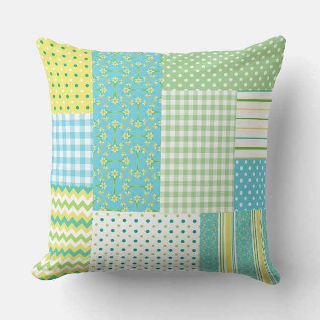 Daffodils Faux-patchwork Floral, Polkas, Checks Throw Pillow (Front)