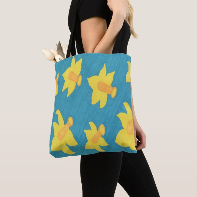 Daffodils on Blue Background Tote Bag (Close Up)