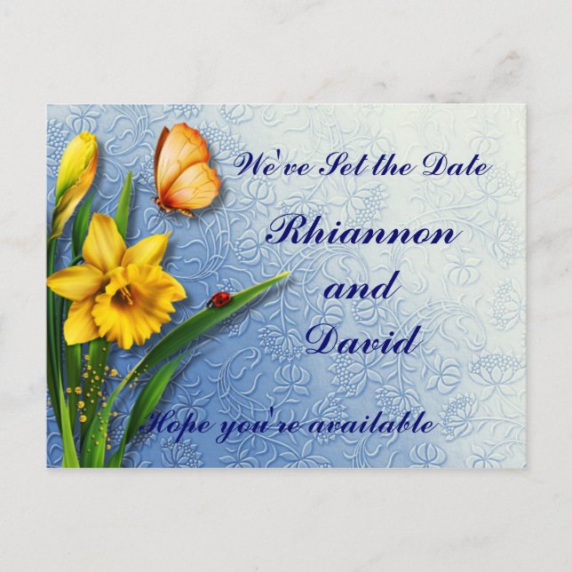 Daffodils on Decorated Blue Save the Date Announcement Postcard (Front)