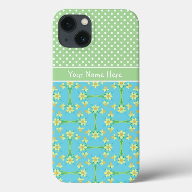 Daffodils on Turquoise, White Polkas on Soft Green Case-Mate iPhone Case (Back)