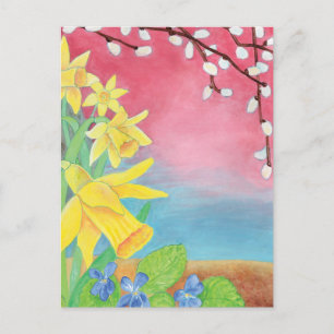 Daffodils, Salix caprea and Sweet violet Postcard