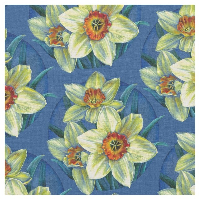 Daffodils spring botanical art watercolor fabric (Close Up)