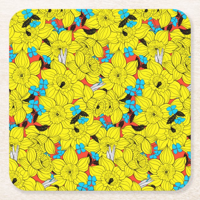 Daffodils spring floral pattern square paper coaster (Front)