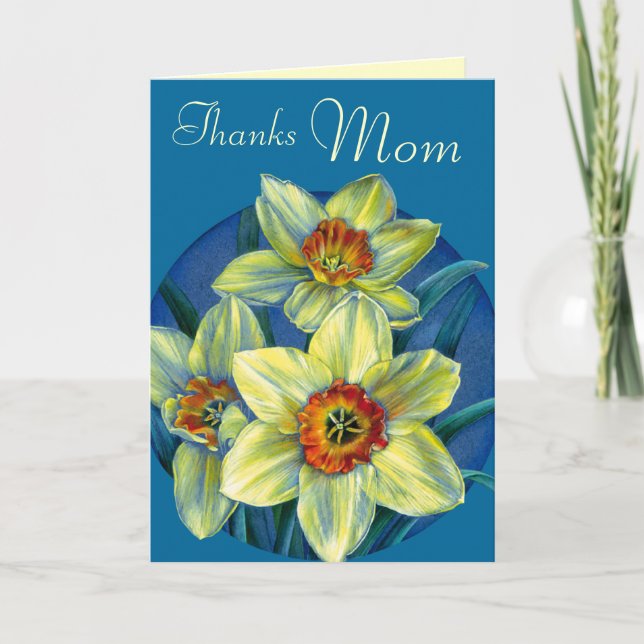 Daffodils Thanks Mom yellow blue mothers day Thank You Card (Front)