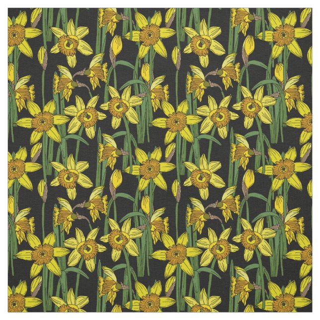 Daffodils Yellow Narcissus Flower Pattern on Black Fabric (Swatch)