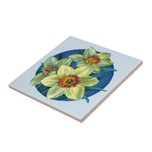 Daffodique jaune bleu carreau de peinture d'art
