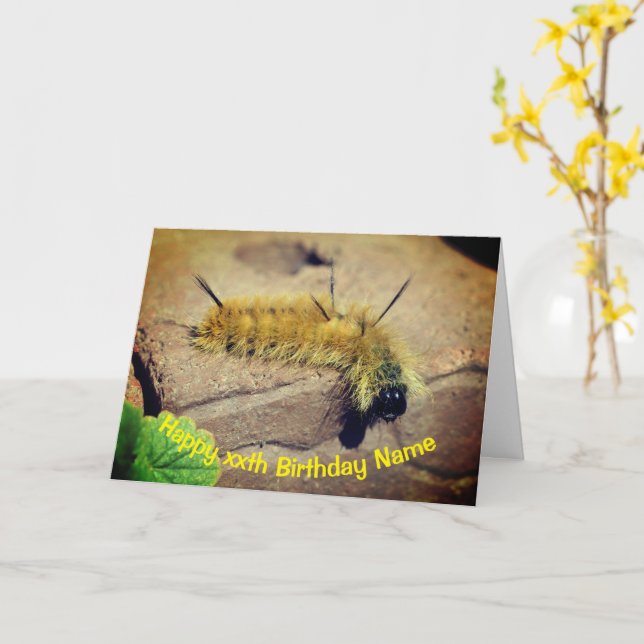 Dagger Moth Caterpillar Personalized Birthday  Card (Yellow Flower)