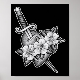 Dagger Through Heart X Flowers Blackwork Tattoo Fl Poster