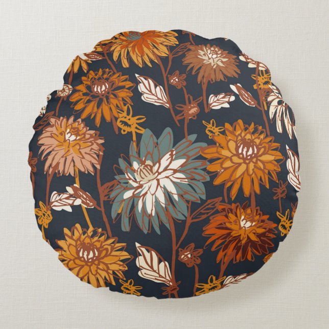 Dahlia and chrysanthemums bold seamless pattern, a round pillow (Front)