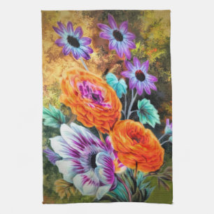 Dahlia and daisy flower garden floral kitchen towel
