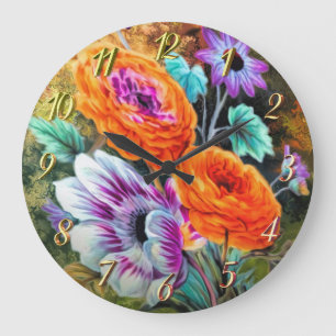 Dahlia and daisy flower garden floral large clock