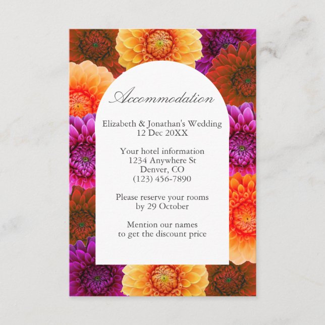 Dahlia Autumn Floral Wedding Accommodation Enclosure Card (Front)