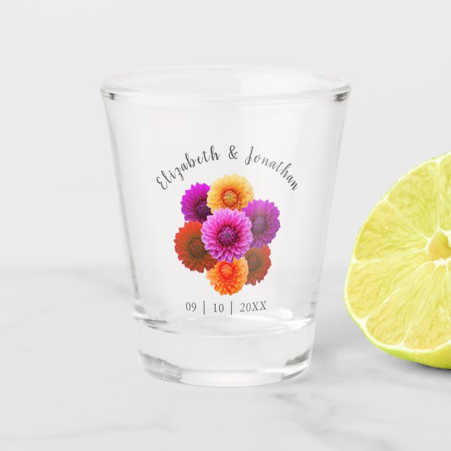 Dahlia Autumn Floral Wedding Shot Glass (Front)
