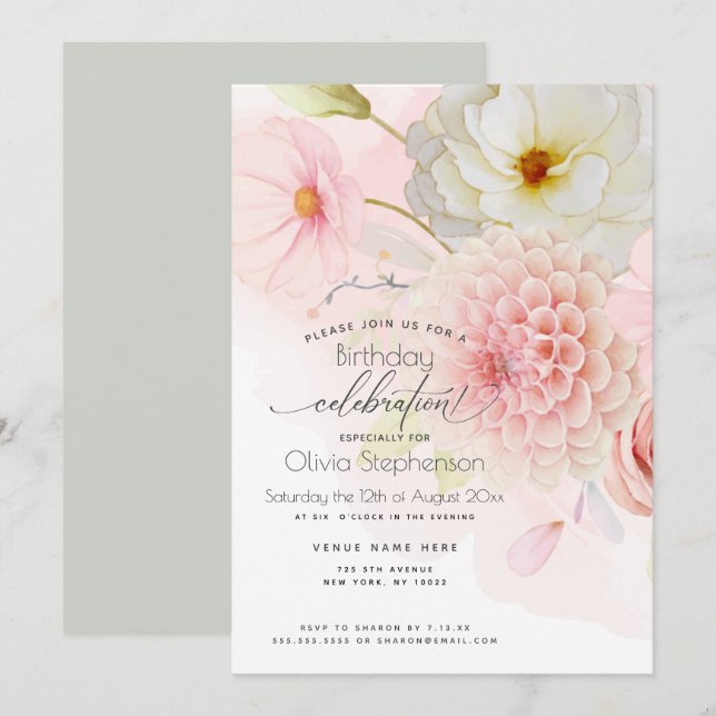 Dahlia Birthday for Her Pastel Pink Floral Invitat Invitation (Front/Back)