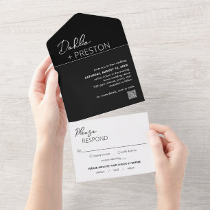 Dahlia Black Contemporary Modern Wedding All In One Invitation