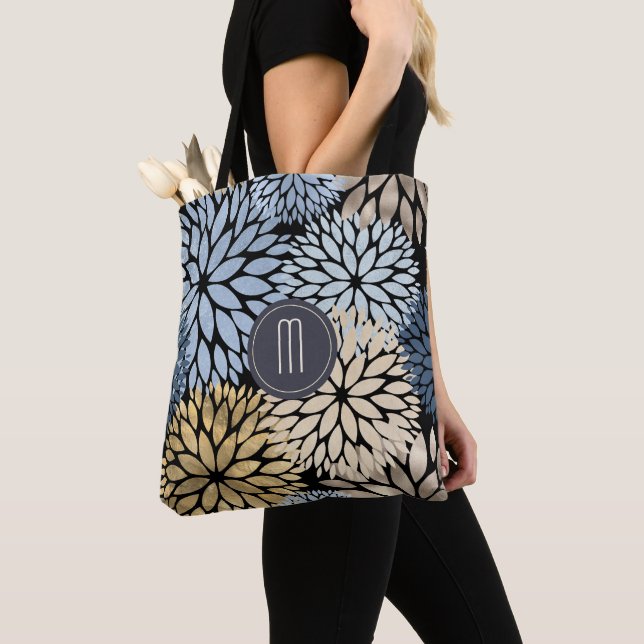 Dahlia Blue Gold Floral Monogram Tote Bag (Close Up)