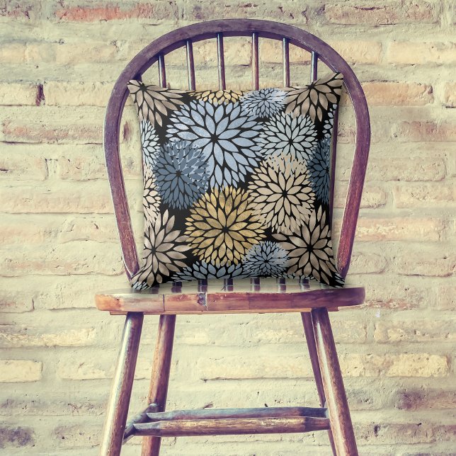 Dahlia Blue Gold Oversized Flower Pattern Throw Pillow (Creator Uploaded)