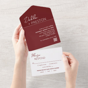Dahlia Burgundy Contemporary Modern Wedding All In One Invitation