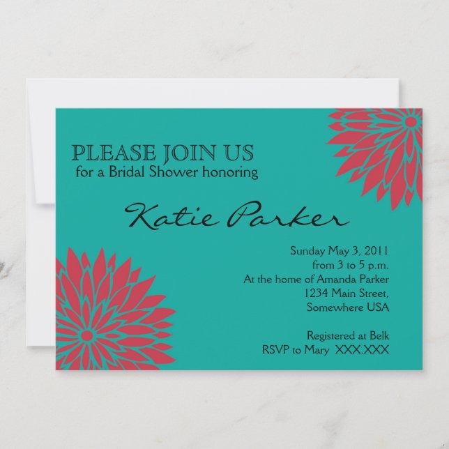 Dahlia Coral and teal Flower Invitation (Front)