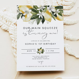 DAHLIA Cute Watercolor Lemon First Birthday Invitation