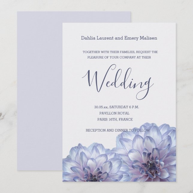 Dahlia fleurs Lilac bleu gris faire-part de mariag (Devant / Derrière)