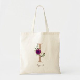 Dahlia floral bouquet rose gold monogram letter I Tote Bag
