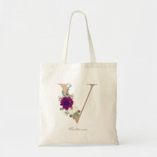 Dahlia floral bouquet rose gold monogram letter V Tote Bag