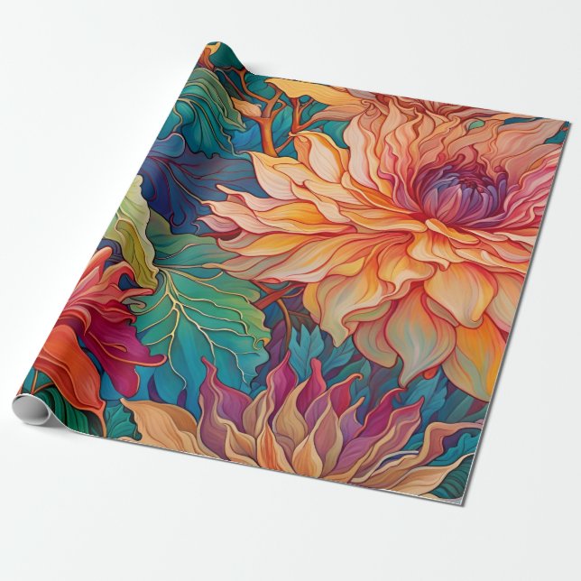 Dahlia Floral Tapestry Wrapping Paper (Unrolled)