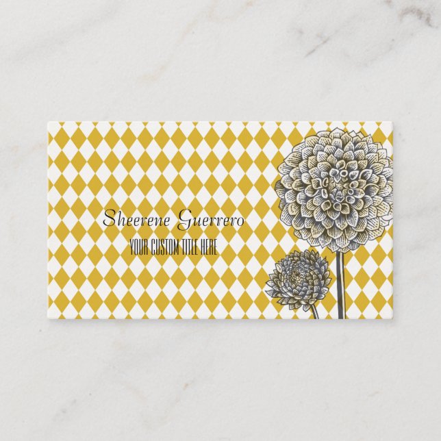 Dahlia Flower Harlequin Mustard Pattern Business Card (Front)
