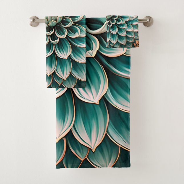 Dahlia Flower in Teal Aqua Blue Digital Art Bath Towel Set (Insitu)