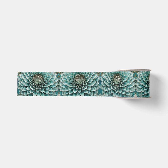 Dahlia Flower in Teal Aqua Blue Digital Art Grosgrain Ribbon (Front)