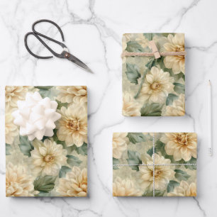Dahlia Flower Pattern with Greenery Decoupage Wrapping Paper Sheet