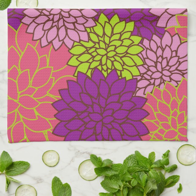 Dahlia Flowers, Colourful Flowers, Floral Pattern Kitchen Towel (Folded)